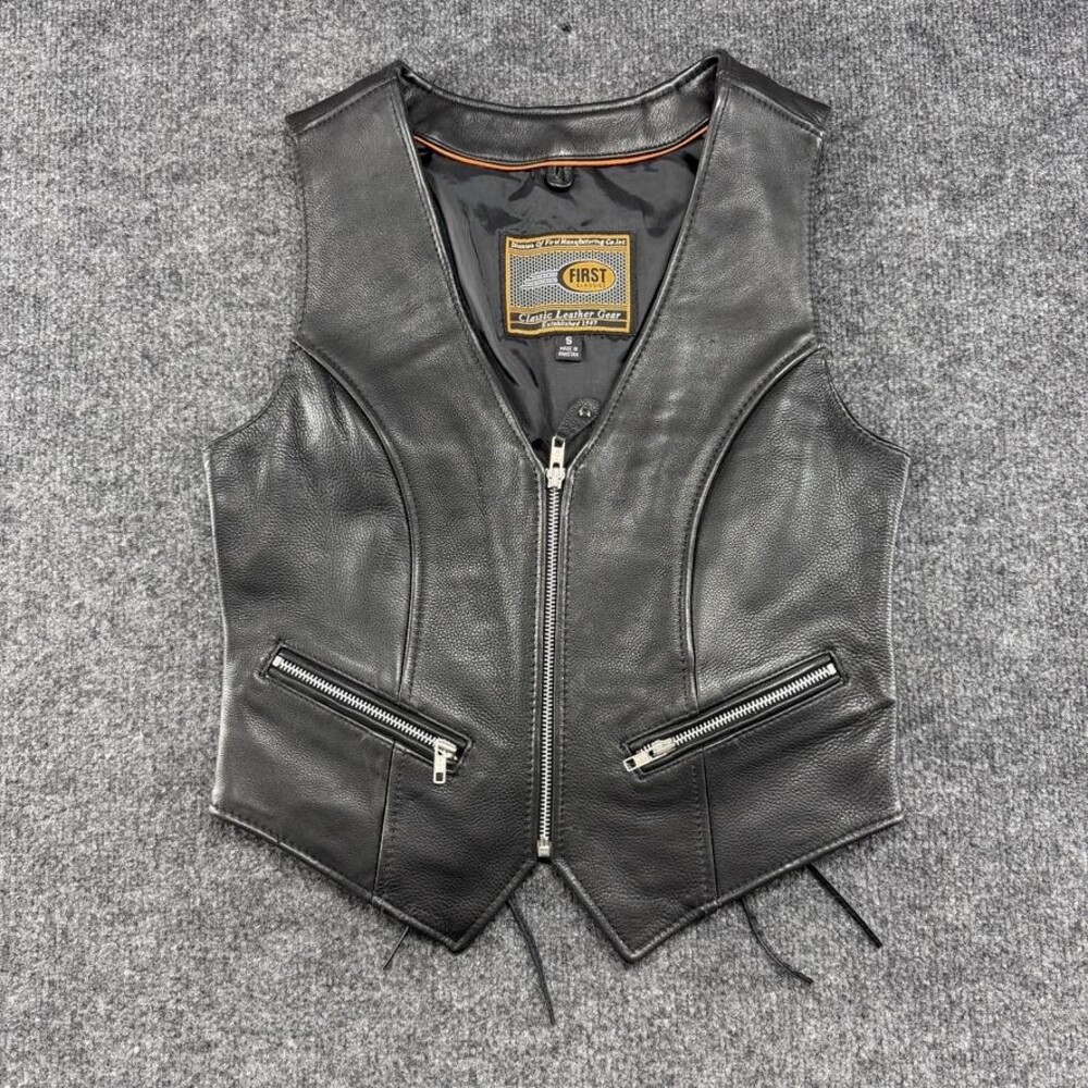 Womens Small Black Leather Motorcycle First Classics Vest Biker Zip Lace Up